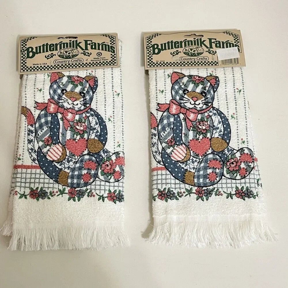 Vintage Cannon Buttermilk Farms Kitty Cat Kitchen Hand Dish Towels Set of 2 USA